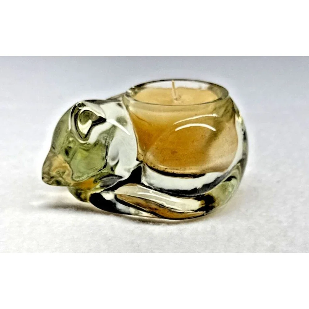 Avon Crystal Sleeping Cat Tealight Candle Holder Glass Kitty Figurine Vintage